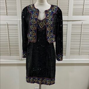 Laurence Kazar Black Sequin Dress with Colorful Sequins and matching Jacket